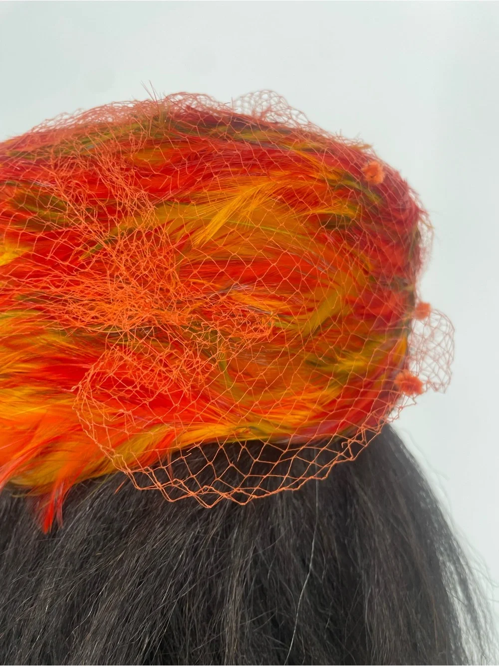 60s Mid Century Red Orange Feathered Pillbox Hat w Netting Union Made Wool Base